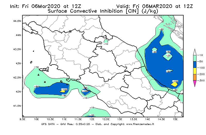 Mappa di analisi GFS - CIN [J/kg] in Centro-Italia
							del 06/03/2020 12 <!--googleoff: index-->UTC<!--googleon: index-->