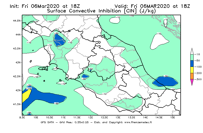 Mappa di analisi GFS - CIN [J/kg] in Centro-Italia
							del 06/03/2020 18 <!--googleoff: index-->UTC<!--googleon: index-->