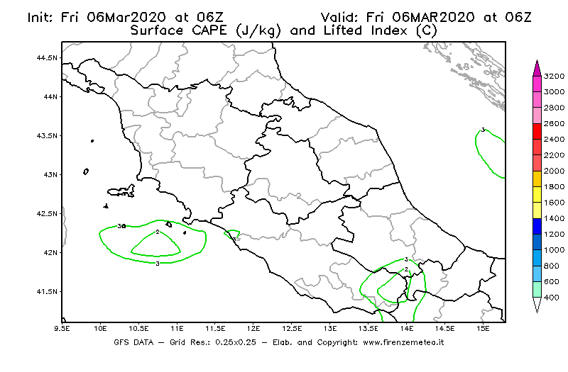 Mappa di analisi GFS - CAPE [J/kg] e Lifted Index [°C] in Centro-Italia
							del 06/03/2020 06 <!--googleoff: index-->UTC<!--googleon: index-->