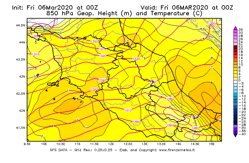 Mappa di analisi GFS - Geopotenziale [m] e Temperatura [°C] a 850 hPa in Centro-Italia
									del 06/03/2020 00 <!--googleoff: index-->UTC<!--googleon: index-->