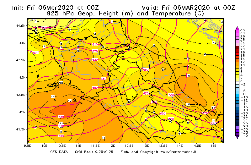 Mappa di analisi GFS - Geopotenziale [m] e Temperatura [°C] a 925 hPa in Centro-Italia
									del 06/03/2020 00 <!--googleoff: index-->UTC<!--googleon: index-->