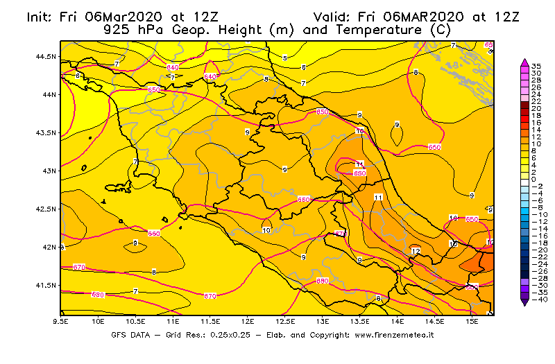 Mappa di analisi GFS - Geopotenziale [m] e Temperatura [°C] a 925 hPa in Centro-Italia
							del 06/03/2020 12 <!--googleoff: index-->UTC<!--googleon: index-->