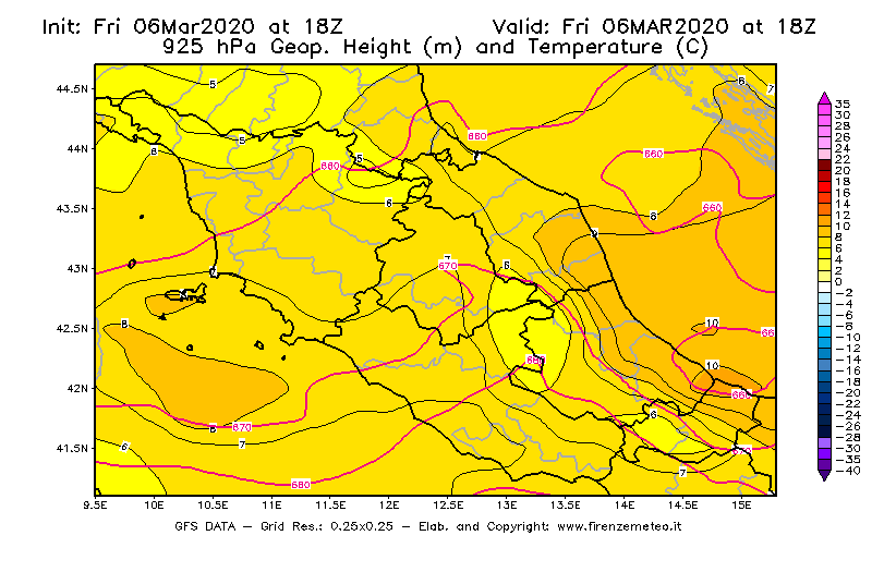 Mappa di analisi GFS - Geopotenziale [m] e Temperatura [°C] a 925 hPa in Centro-Italia
							del 06/03/2020 18 <!--googleoff: index-->UTC<!--googleon: index-->