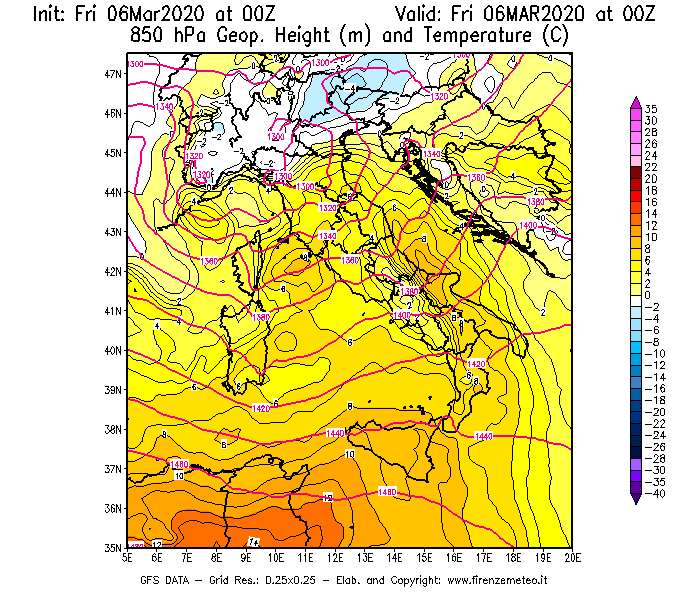 Mappa di analisi GFS - Geopotenziale [m] e Temperatura [°C] a 850 hPa in Italia
									del 06/03/2020 00 <!--googleoff: index-->UTC<!--googleon: index-->