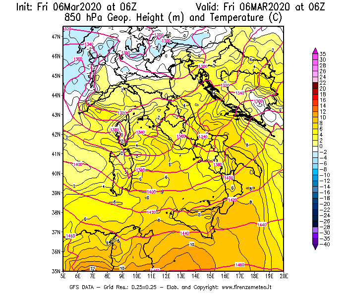 Mappa di analisi GFS - Geopotenziale [m] e Temperatura [°C] a 850 hPa in Italia
							del 06/03/2020 06 <!--googleoff: index-->UTC<!--googleon: index-->