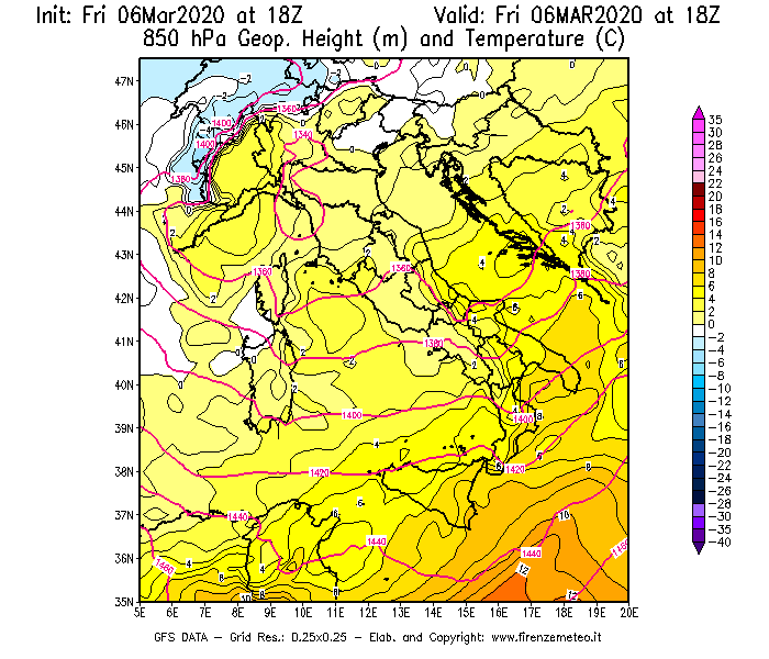 Mappa di analisi GFS - Geopotenziale [m] e Temperatura [°C] a 850 hPa in Italia
							del 06/03/2020 18 <!--googleoff: index-->UTC<!--googleon: index-->