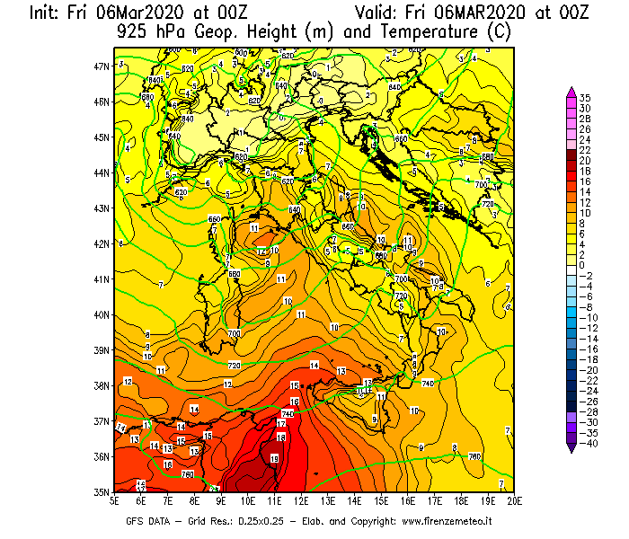 Mappa di analisi GFS - Geopotenziale [m] e Temperatura [°C] a 925 hPa in Italia
									del 06/03/2020 00 <!--googleoff: index-->UTC<!--googleon: index-->