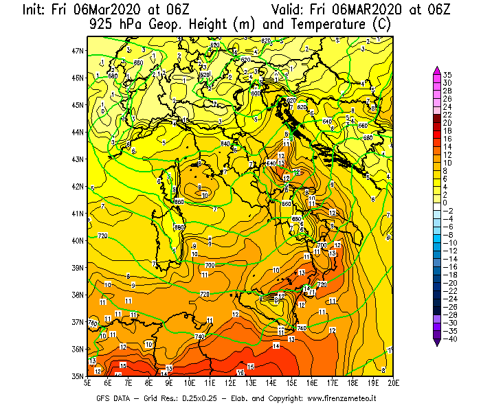 Mappa di analisi GFS - Geopotenziale [m] e Temperatura [°C] a 925 hPa in Italia
							del 06/03/2020 06 <!--googleoff: index-->UTC<!--googleon: index-->
