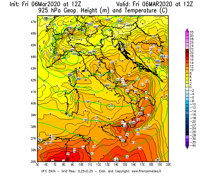 Mappa di analisi GFS - Geopotenziale [m] e Temperatura [°C] a 925 hPa in Italia
									del 06/03/2020 12 <!--googleoff: index-->UTC<!--googleon: index-->