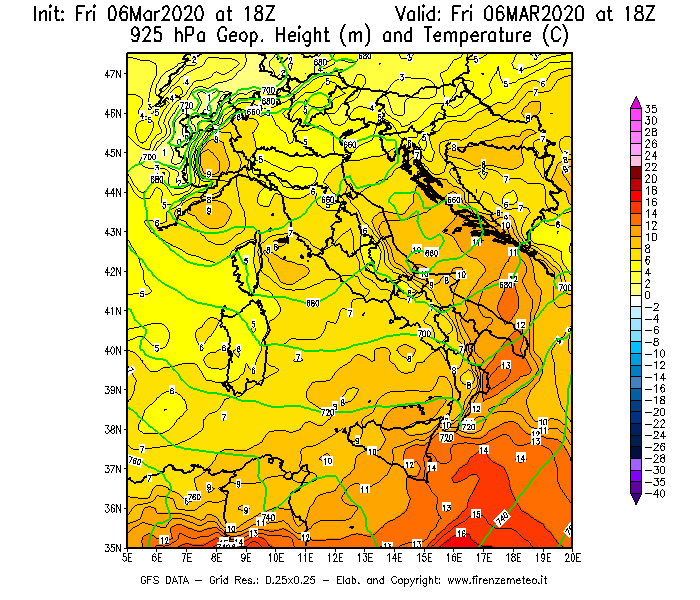 Mappa di analisi GFS - Geopotenziale [m] e Temperatura [°C] a 925 hPa in Italia
									del 06/03/2020 18 <!--googleoff: index-->UTC<!--googleon: index-->