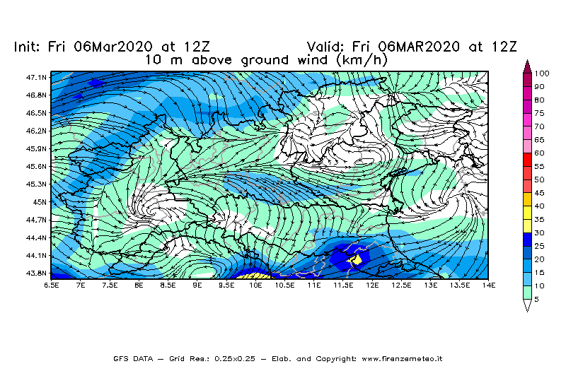 Mappa di analisi GFS - Velocità del vento a 10 metri dal suolo [km/h] in Nord-Italia
							del 06/03/2020 12 <!--googleoff: index-->UTC<!--googleon: index-->