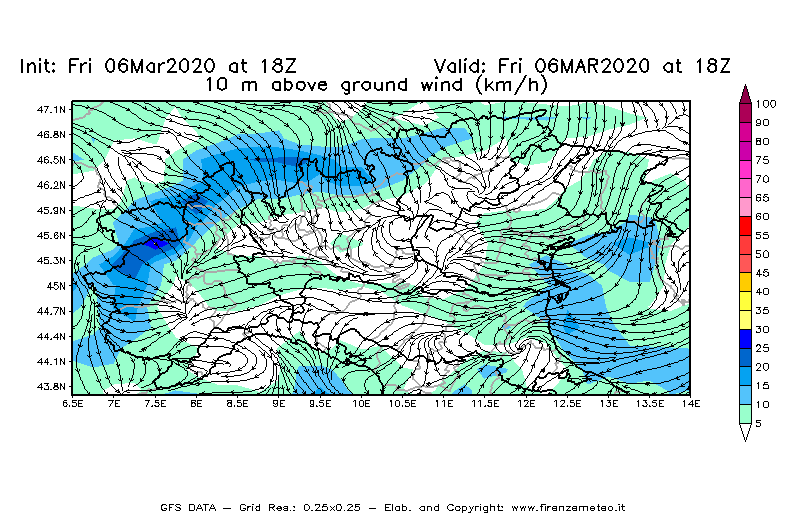Mappa di analisi GFS - Velocità del vento a 10 metri dal suolo [km/h] in Nord-Italia
							del 06/03/2020 18 <!--googleoff: index-->UTC<!--googleon: index-->