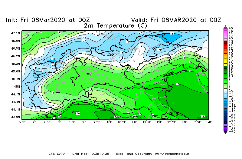 Mappa di analisi GFS - Temperatura a 2 metri dal suolo [°C] in Nord-Italia
									del 06/03/2020 00 <!--googleoff: index-->UTC<!--googleon: index-->