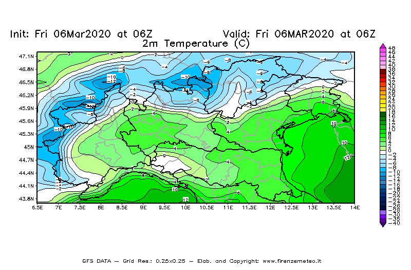Mappa di analisi GFS - Temperatura a 2 metri dal suolo [°C] in Nord-Italia
							del 06/03/2020 06 <!--googleoff: index-->UTC<!--googleon: index-->