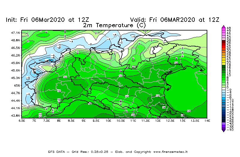 Mappa di analisi GFS - Temperatura a 2 metri dal suolo [°C] in Nord-Italia
									del 06/03/2020 12 <!--googleoff: index-->UTC<!--googleon: index-->
