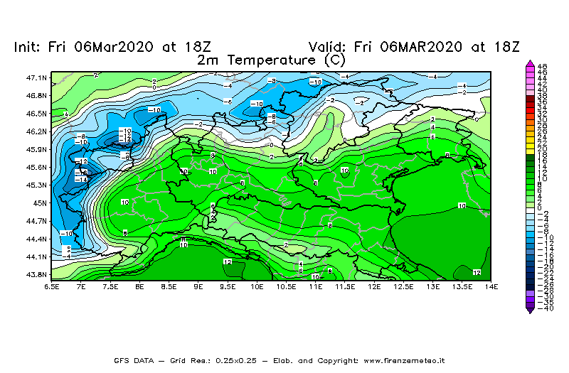 Mappa di analisi GFS - Temperatura a 2 metri dal suolo [°C] in Nord-Italia
									del 06/03/2020 18 <!--googleoff: index-->UTC<!--googleon: index-->