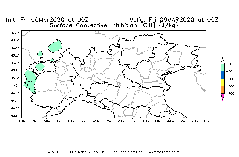 Mappa di analisi GFS - CIN [J/kg] in Nord-Italia
							del 06/03/2020 00 <!--googleoff: index-->UTC<!--googleon: index-->