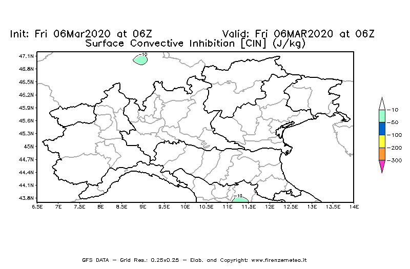 Mappa di analisi GFS - CIN [J/kg] in Nord-Italia
							del 06/03/2020 06 <!--googleoff: index-->UTC<!--googleon: index-->