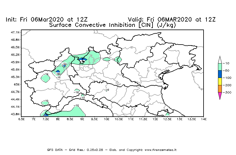 Mappa di analisi GFS - CIN [J/kg] in Nord-Italia
									del 06/03/2020 12 <!--googleoff: index-->UTC<!--googleon: index-->