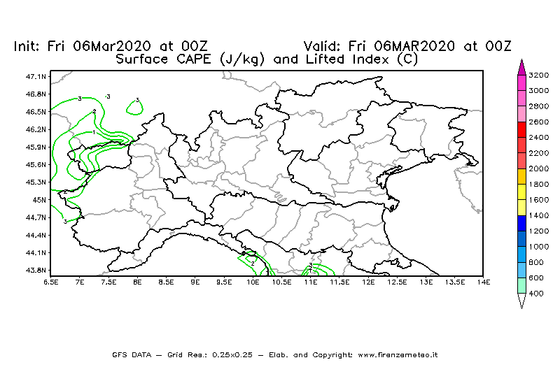 Mappa di analisi GFS - CAPE [J/kg] e Lifted Index [°C] in Nord-Italia
							del 06/03/2020 00 <!--googleoff: index-->UTC<!--googleon: index-->