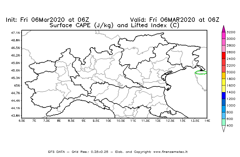 Mappa di analisi GFS - CAPE [J/kg] e Lifted Index [°C] in Nord-Italia
									del 06/03/2020 06 <!--googleoff: index-->UTC<!--googleon: index-->