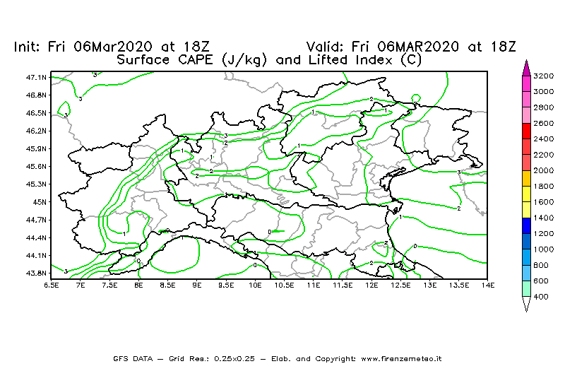 Mappa di analisi GFS - CAPE [J/kg] e Lifted Index [°C] in Nord-Italia
									del 06/03/2020 18 <!--googleoff: index-->UTC<!--googleon: index-->