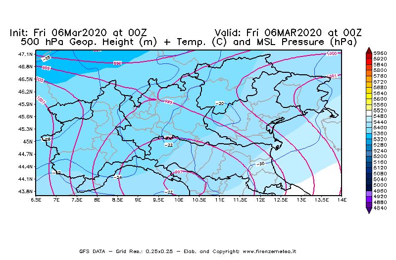 Mappa di analisi GFS - Geopotenziale [m] + Temp. [°C] a 500 hPa + Press. a livello del mare [hPa] in Nord-Italia
							del 06/03/2020 00 <!--googleoff: index-->UTC<!--googleon: index-->