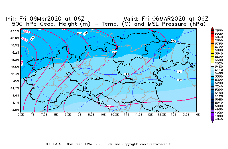 Mappa di analisi GFS - Geopotenziale [m] + Temp. [°C] a 500 hPa + Press. a livello del mare [hPa] in Nord-Italia
							del 06/03/2020 06 <!--googleoff: index-->UTC<!--googleon: index-->