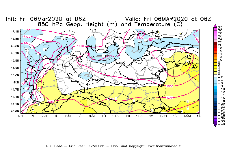 Mappa di analisi GFS - Geopotenziale [m] e Temperatura [°C] a 850 hPa in Nord-Italia
							del 06/03/2020 06 <!--googleoff: index-->UTC<!--googleon: index-->