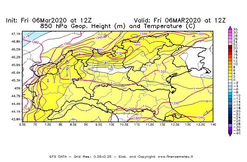 Mappa di analisi GFS - Geopotenziale [m] e Temperatura [°C] a 850 hPa in Nord-Italia
									del 06/03/2020 12 <!--googleoff: index-->UTC<!--googleon: index-->