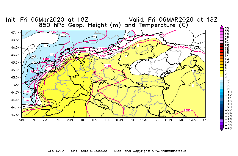 Mappa di analisi GFS - Geopotenziale [m] e Temperatura [°C] a 850 hPa in Nord-Italia
									del 06/03/2020 18 <!--googleoff: index-->UTC<!--googleon: index-->