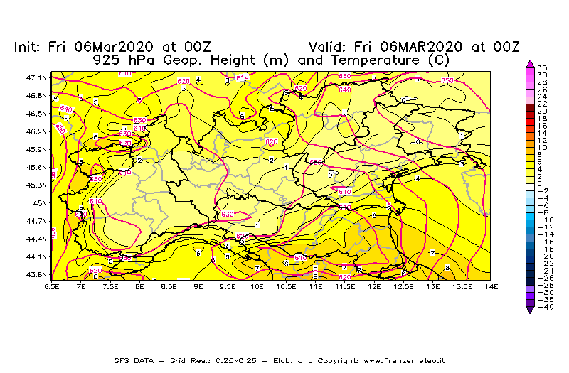 Mappa di analisi GFS - Geopotenziale [m] e Temperatura [°C] a 925 hPa in Nord-Italia
							del 06/03/2020 00 <!--googleoff: index-->UTC<!--googleon: index-->