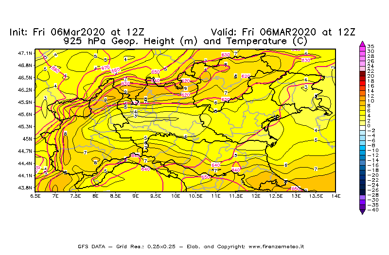 Mappa di analisi GFS - Geopotenziale [m] e Temperatura [°C] a 925 hPa in Nord-Italia
									del 06/03/2020 12 <!--googleoff: index-->UTC<!--googleon: index-->