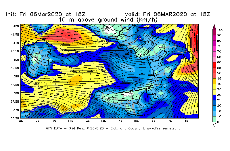 Mappa di analisi GFS - Velocità del vento a 10 metri dal suolo [km/h] in Sud-Italia
									del 06/03/2020 18 <!--googleoff: index-->UTC<!--googleon: index-->