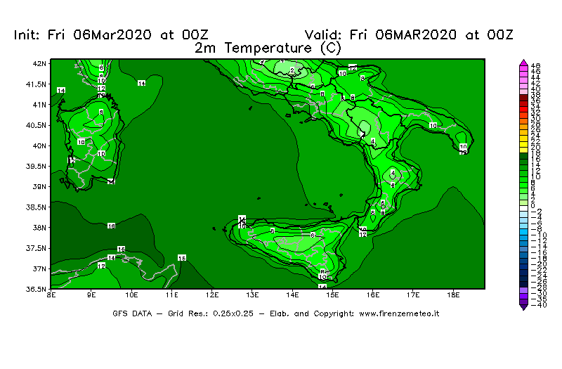 Mappa di analisi GFS - Temperatura a 2 metri dal suolo [°C] in Sud-Italia
									del 06/03/2020 00 <!--googleoff: index-->UTC<!--googleon: index-->