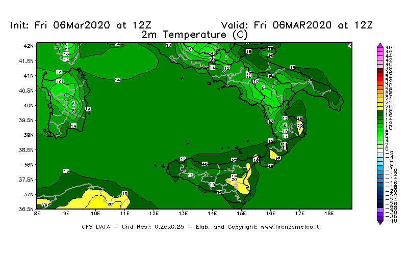 Mappa di analisi GFS - Temperatura a 2 metri dal suolo [°C] in Sud-Italia
									del 06/03/2020 12 <!--googleoff: index-->UTC<!--googleon: index-->