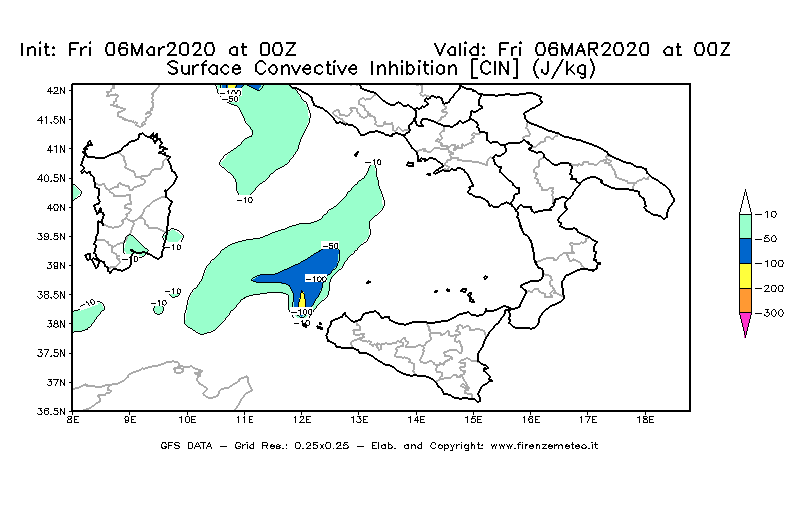 Mappa di analisi GFS - CIN [J/kg] in Sud-Italia
									del 06/03/2020 00 <!--googleoff: index-->UTC<!--googleon: index-->