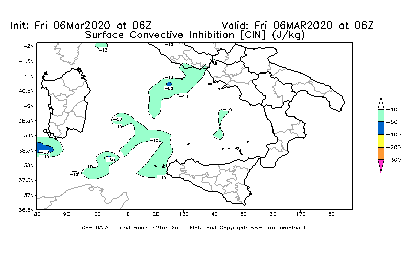 Mappa di analisi GFS - CIN [J/kg] in Sud-Italia
									del 06/03/2020 06 <!--googleoff: index-->UTC<!--googleon: index-->
