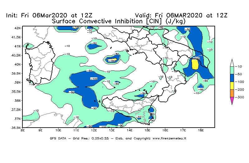 Mappa di analisi GFS - CIN [J/kg] in Sud-Italia
							del 06/03/2020 12 <!--googleoff: index-->UTC<!--googleon: index-->