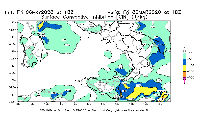 Mappa di analisi GFS - CIN [J/kg] in Sud-Italia
							del 06/03/2020 18 <!--googleoff: index-->UTC<!--googleon: index-->