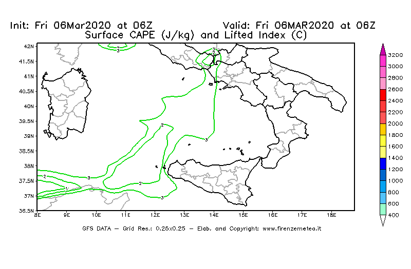 Mappa di analisi GFS - CAPE [J/kg] e Lifted Index [°C] in Sud-Italia
							del 06/03/2020 06 <!--googleoff: index-->UTC<!--googleon: index-->