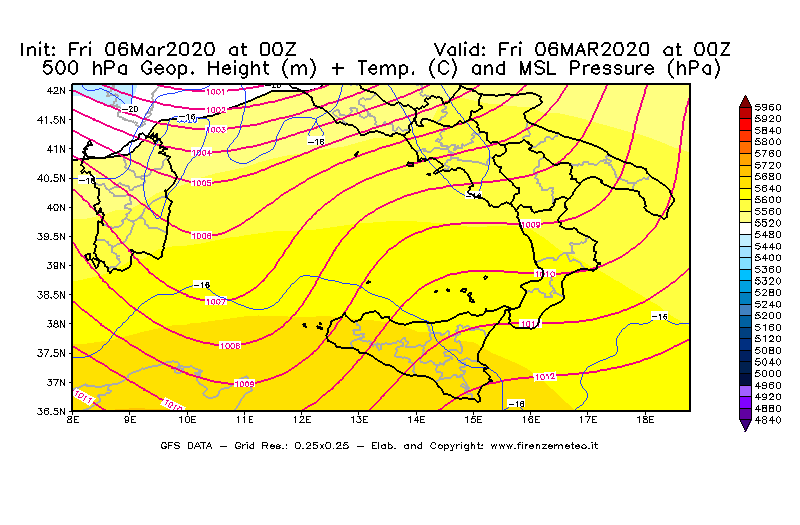 Mappa di analisi GFS - Geopotenziale [m] + Temp. [°C] a 500 hPa + Press. a livello del mare [hPa] in Sud-Italia
									del 06/03/2020 00 <!--googleoff: index-->UTC<!--googleon: index-->