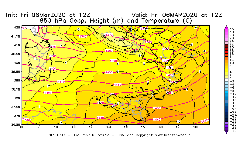 Mappa di analisi GFS - Geopotenziale [m] e Temperatura [°C] a 850 hPa in Sud-Italia
							del 06/03/2020 12 <!--googleoff: index-->UTC<!--googleon: index-->