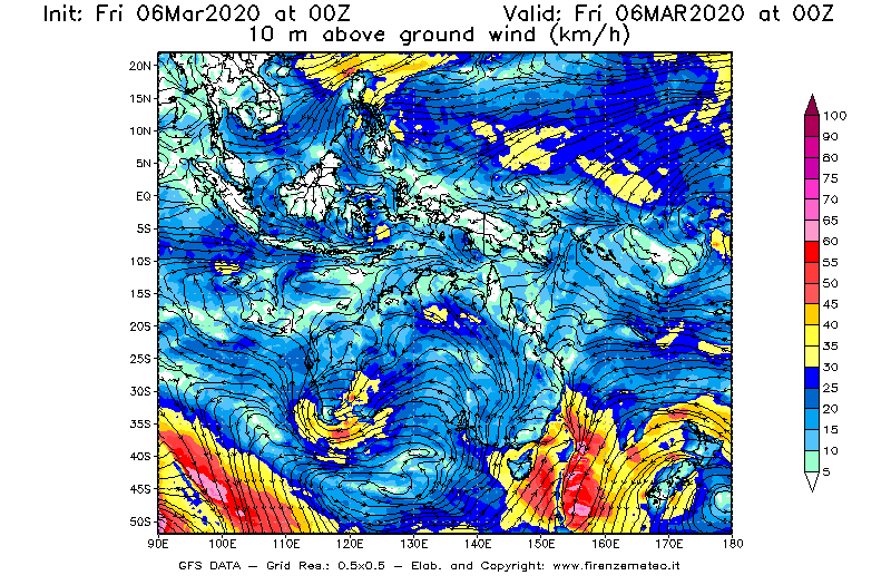Mappa di analisi GFS - Velocità del vento a 10 metri dal suolo [km/h] in Oceania
									del 06/03/2020 00 <!--googleoff: index-->UTC<!--googleon: index-->
