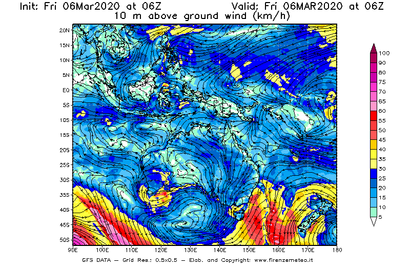 Mappa di analisi GFS - Velocità del vento a 10 metri dal suolo [km/h] in Oceania
							del 06/03/2020 06 <!--googleoff: index-->UTC<!--googleon: index-->