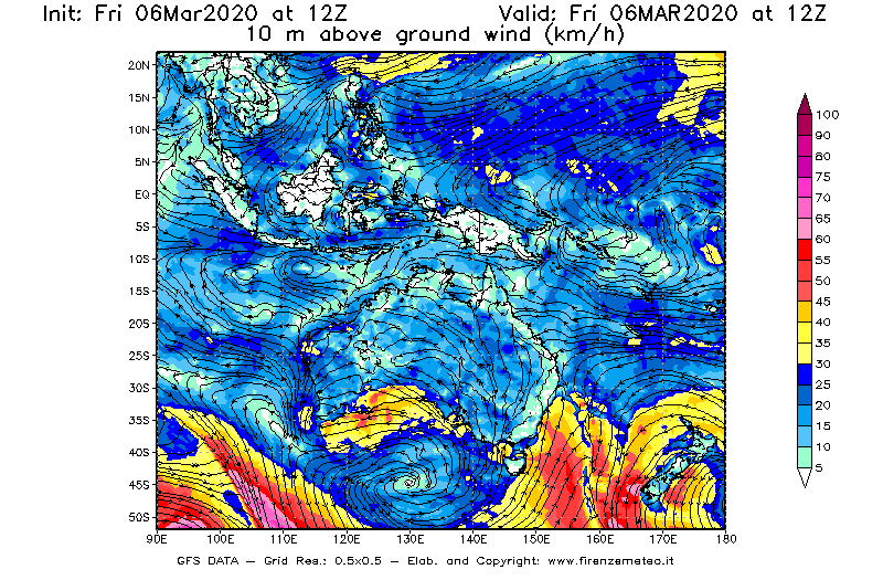 Mappa di analisi GFS - Velocità del vento a 10 metri dal suolo [km/h] in Oceania
							del 06/03/2020 12 <!--googleoff: index-->UTC<!--googleon: index-->