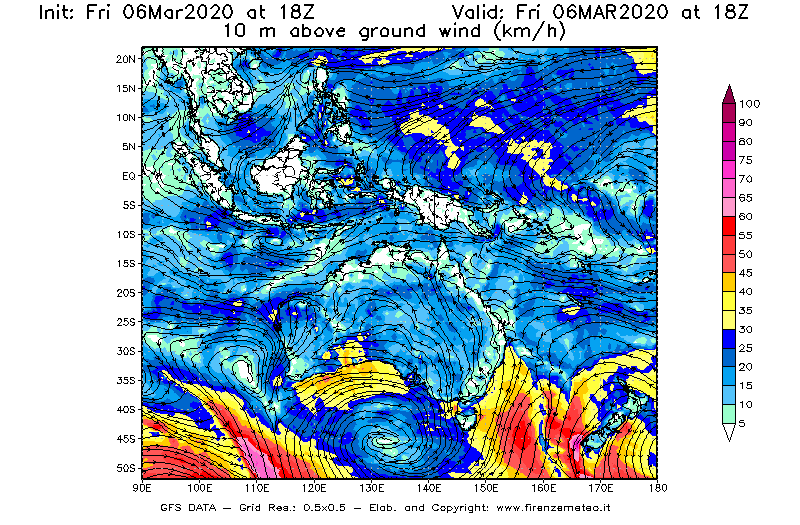 Mappa di analisi GFS - Velocità del vento a 10 metri dal suolo [km/h] in Oceania
									del 06/03/2020 18 <!--googleoff: index-->UTC<!--googleon: index-->