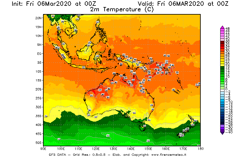 Mappa di analisi GFS - Temperatura a 2 metri dal suolo [°C] in Oceania
							del 06/03/2020 00 <!--googleoff: index-->UTC<!--googleon: index-->