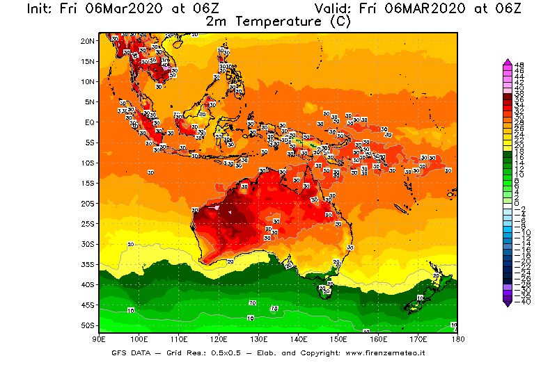 Mappa di analisi GFS - Temperatura a 2 metri dal suolo [°C] in Oceania
									del 06/03/2020 06 <!--googleoff: index-->UTC<!--googleon: index-->