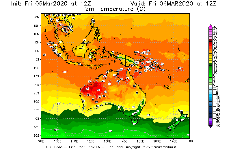 Mappa di analisi GFS - Temperatura a 2 metri dal suolo [°C] in Oceania
									del 06/03/2020 12 <!--googleoff: index-->UTC<!--googleon: index-->
